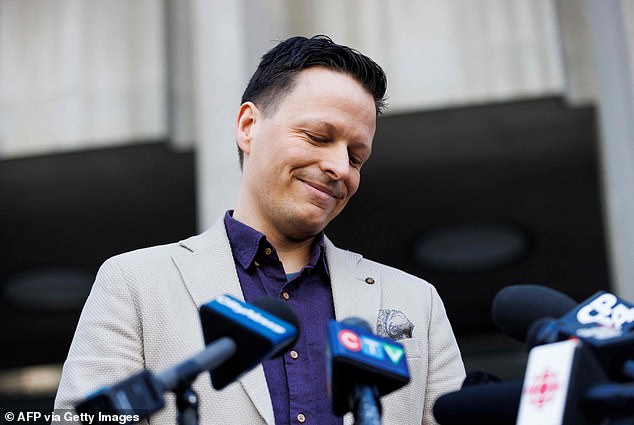 Kai Bickle-Nygard, son of former fashion mogul Peter Nygard, speaks to the media outside the Toronto Courthouse in Toronto on November 12, 2023 after his father was found guilty of four counts of sexual assault