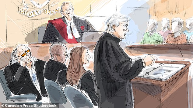 Peter Nygard, clockwise from bottom left, Judge Robert Goldstein, lawyer Brian Greenspan, the jury, Ana Serban and Neville Golwalla attend Nygard's sexual abuse trial in Toronto