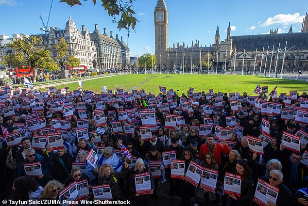 Members of London's Jewish community protest outside the British Parliament demanding the release of hostages held by Hamas