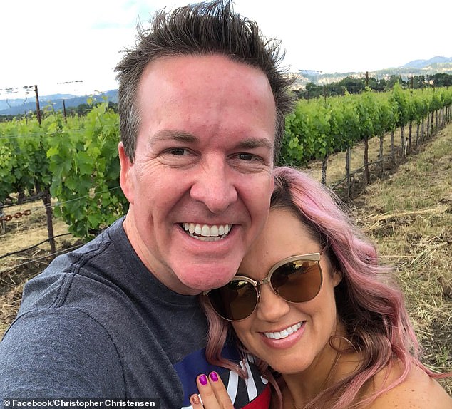 Christensen, 51, is pictured with his wife Marlena.  He was the father of three adult children from his first marriage, and stepfather to Marlena's two daughters