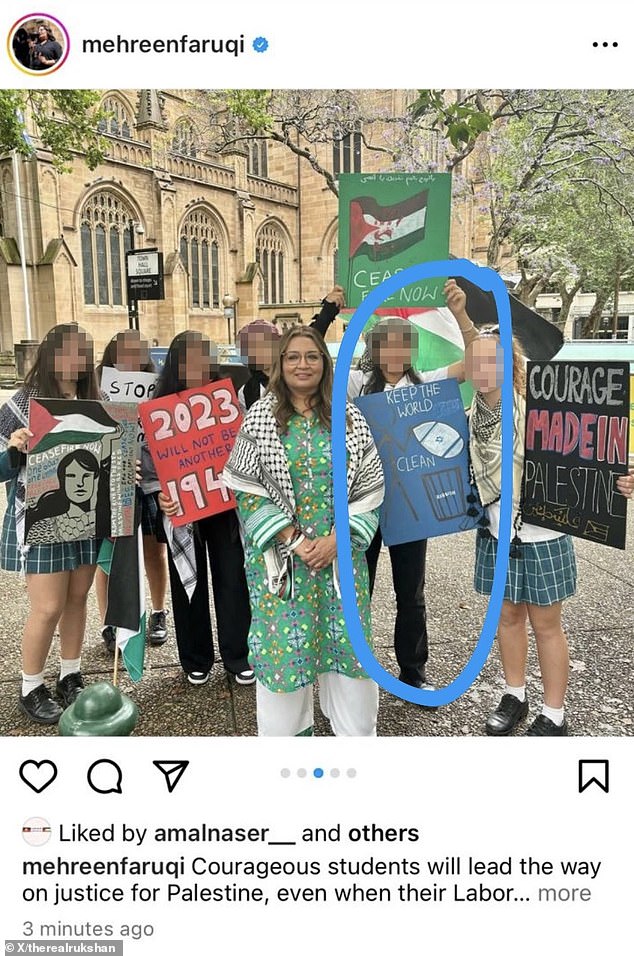 Senator Faruqi shared this photo of herself posing with students, one of them holding a sign that appeared to call for the eradication of Israel.