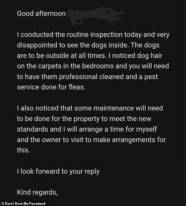 A property manager who 'hates dogs' and sent this letter (pictured) has been roasted online