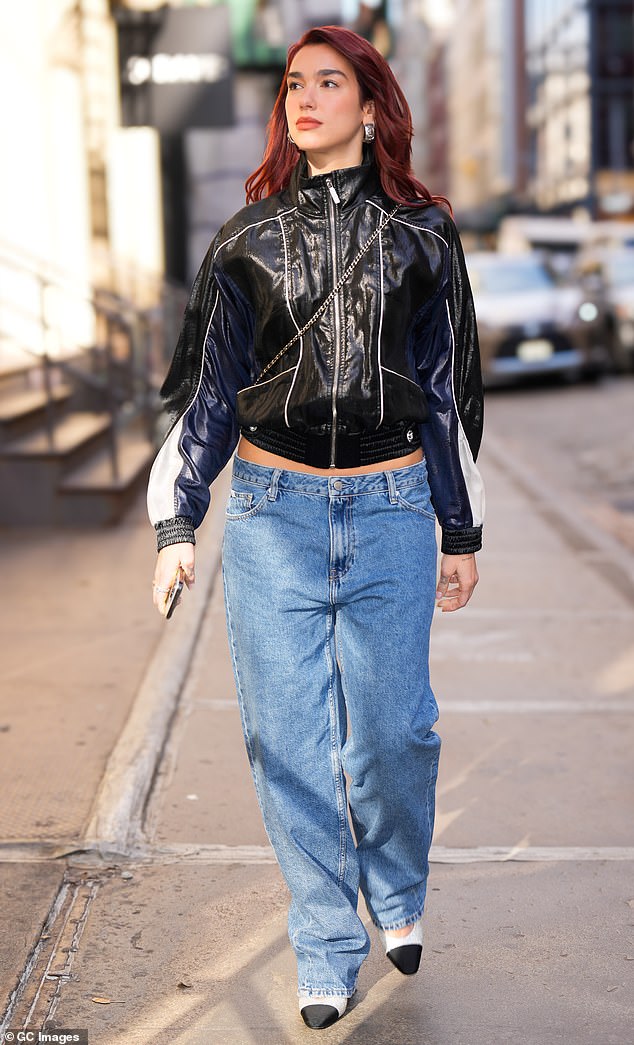 Dua Lipa stunned in a pair of low-rise jeans as she left her hotel in New York City on Wednesday