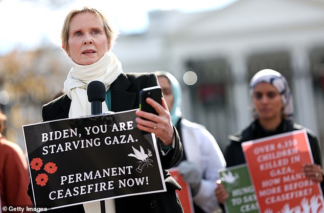 Cynthia Nixon, 57, stood outside the White House on Monday with a group of Palestinian supporters holding up signs.  She collected herself, “None of this is normal.  None of this is routine and none of this should continue'