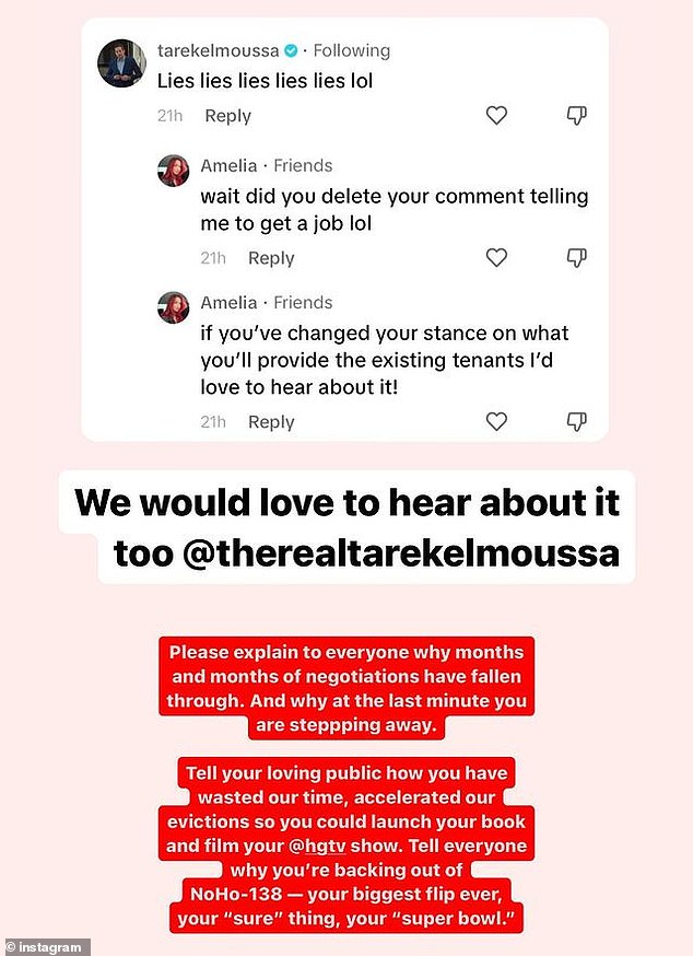 Hartsook tenants also took to Instagram to announce the apparent cancellation of the NoHo 138 project just as they reached a deal with El Moussa