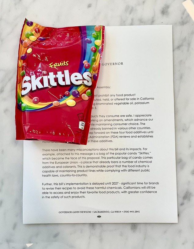 California Governor Gavin Newsom sent a letter confirming that he had signed the law earlier this year, making California the first US state to ban four food additives.  He included a bag of skittles from the European Union with his letter, saying it was proof that companies could change their recipes