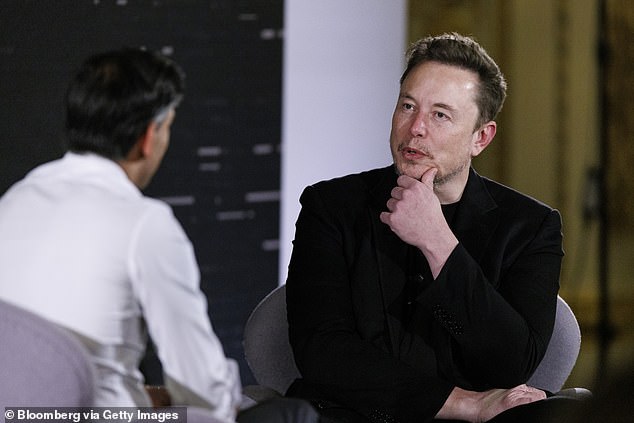 Elon Musk, pictured on November 2 in conversation with British Prime Minister Rishi Sunak.  The Tesla founder was scheduled to speak on a panel on AI and the future in San Francisco at 4:45 p.m., but Musk's name was removed from the docket