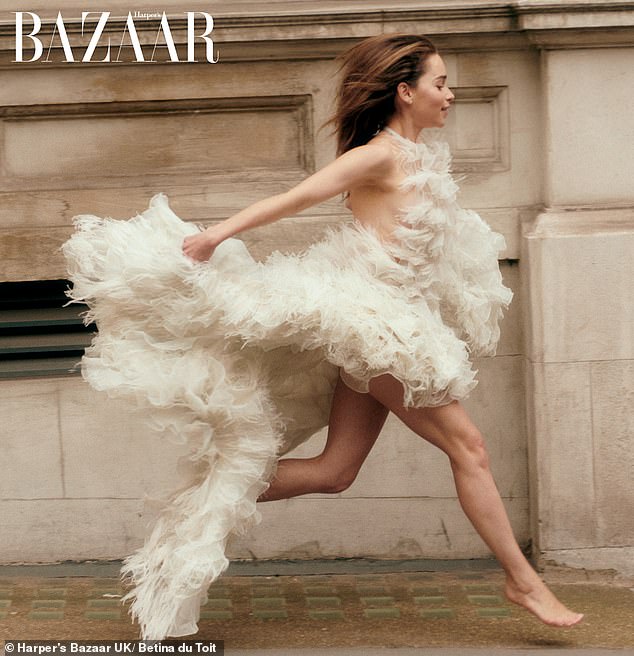 Wow: Emilia Clarke has admitted she was 'more afraid of being fired' when she was admitted to hospital with a brain haemorrhage, as she posed for the latest issue of Harper's Bazaar