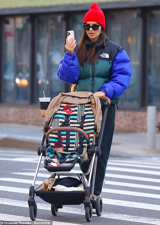 There she is: Emily Ratajkowski was pictured pushing an empty stroller through the streets of New York City on Friday morning