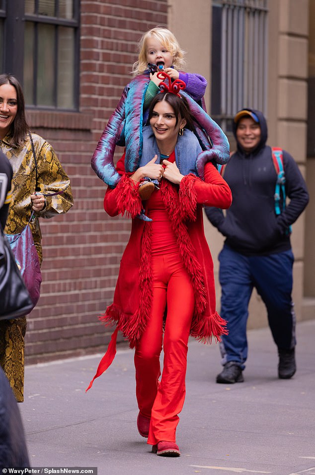 Fun: Emily Ratajkowski took her son Sylvester for Halloween in New York City on Tuesday