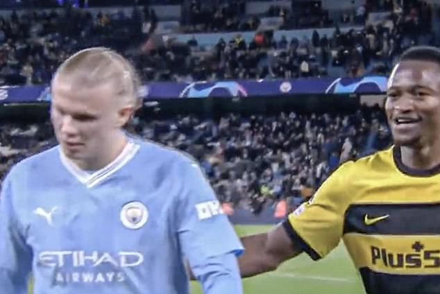 Erling Haaland is asked for his shirt by BSC Young