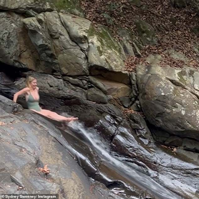 Having fun: The American actress, 26, shared a fun video of herself sliding down a waterfall into a small pool below