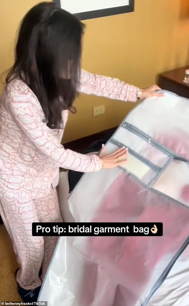 Frankel revealed that instead of using a regular garment bag on the go, she opts for a bridal garment bag instead