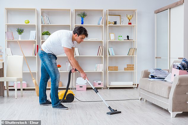 Vacuuming can burn about 80 calories in just half an hour.  To intensify the activity, experts suggest switching hands everywhere