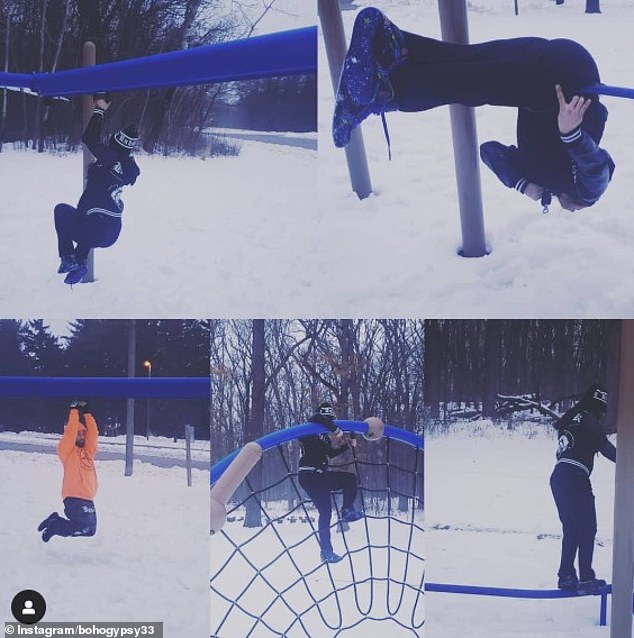 The family in 2020 is shown playing in the snow