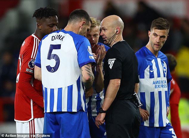 Sin bins will be tried in professional football.  Lewis Dunk is shown a red card for dissenting from Anthony Taylor during the match between Brighton and Nottingham Forest on Saturday