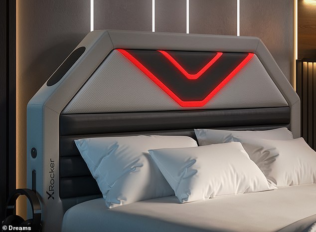 The bed comes with a built-in 43-inch TV, as well as a surround sound system, USB-C ports, and storage space for gaming consoles.