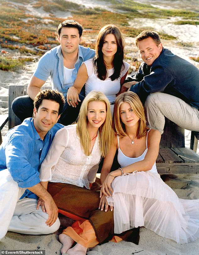 Co-stars: James told Liz in the interview: 'I texted the girls the day we found out and destroyed them.  It was a dying brother' (L-R Matt LeBlanc, Courteney Cox Arquette, Matthew, David Schwimmer, Lisa Kudrow and Jennifer Aniston pictured in 2002)