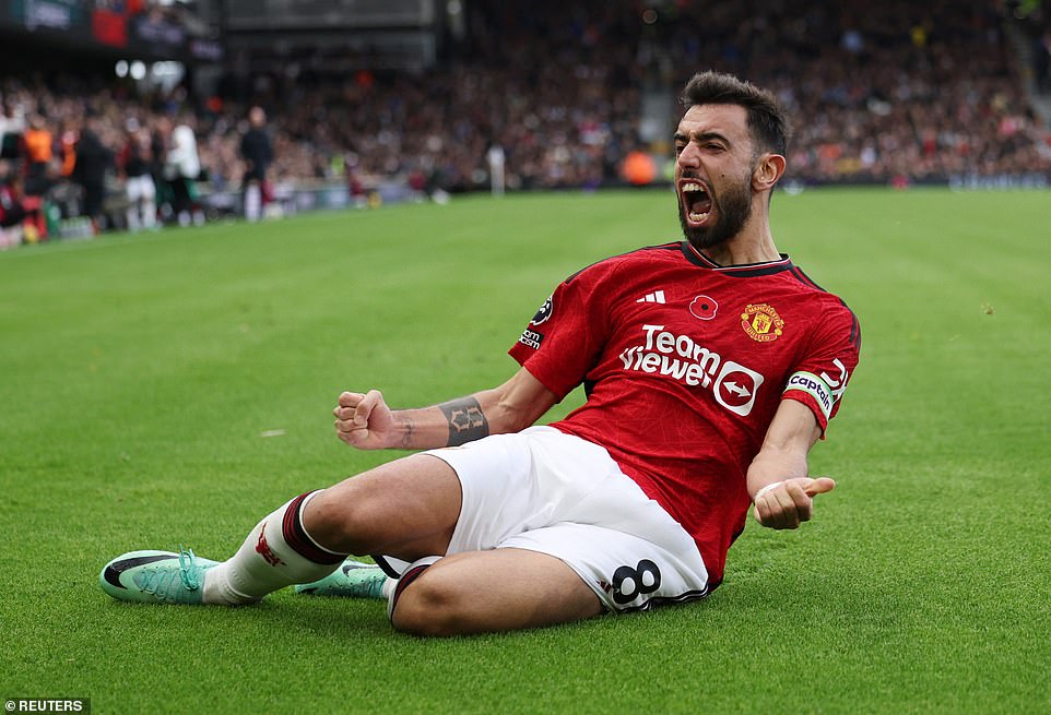 Bruno Fernandes celebrates scoring a late winner for Erik ten Hag's side at Fulham after a nail-biting match at Craven Cottage