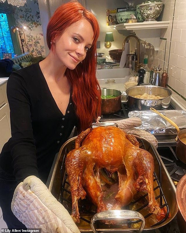 Chef: Lily Allen, 38, hit back at a 'mansplaining' fan who criticized her Thanksgiving cooking on Friday and branded her turkey 'overdone'