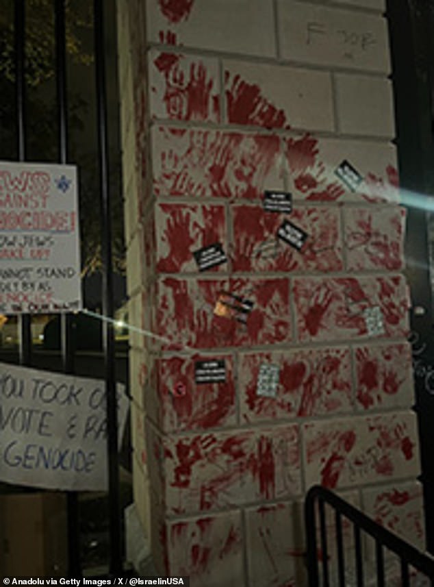 Blood-red handprints were taped to the side of the White House fence