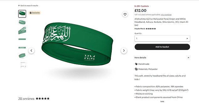 Green headbands resembling those worn by Hamas terrorists and sold on Etsy have been removed, MailOnline can reveal.  Its translation reads: 'Oh god, please fix the lighting for us'
