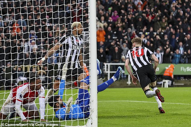 Anthony Gordon (right) bundled the ball to seal a 1-0 win against Arsenal on Saturday