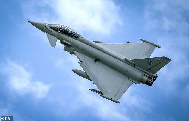 A Typhoon fighter jet in the sky over Amari air base in Estonia, Thursday, July 27, 2023