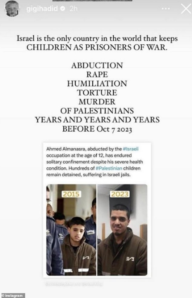 Hadid posted a photo to Instagram falsely portraying Palestinian terrorist Ahmed Manasra as a 'child prisoner of war'