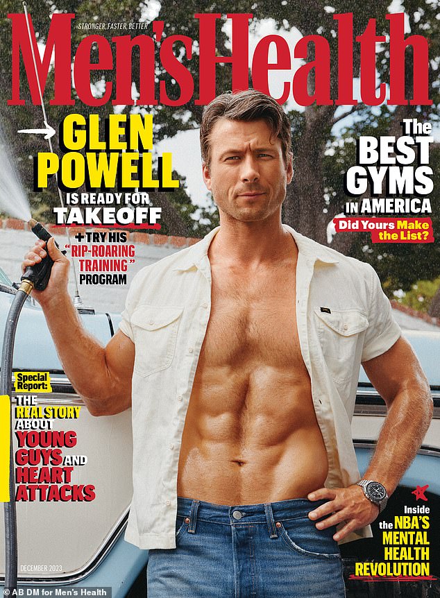 Abs: Glen Powell took off his shirt and enjoyed his fitness regimen and those Sydney Sweeney, 26, romance rumors for Men's Health