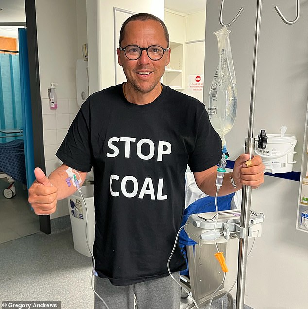 Climate activist Greg Matthews, 55, (pictured) shared an image from hospital on Saturday after his 16-day hunger strike ended as his health deteriorated