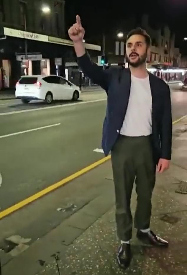 Footage shows top sommelier Harry Hunter calling the pro-Israel group 'f*** animals' before punching someone who was filming him in King Street, Newtown, in Sydney's inner west