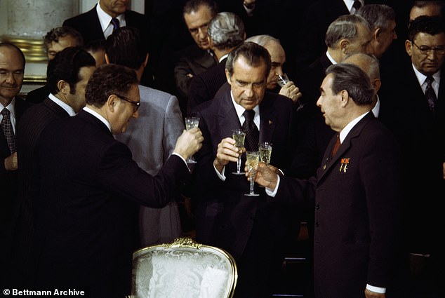 President Nixon and Kissinger toast with Leonid Brezhnev and Grmyko during the Kremlin's seven-day summit with the Communist Party of the USSR