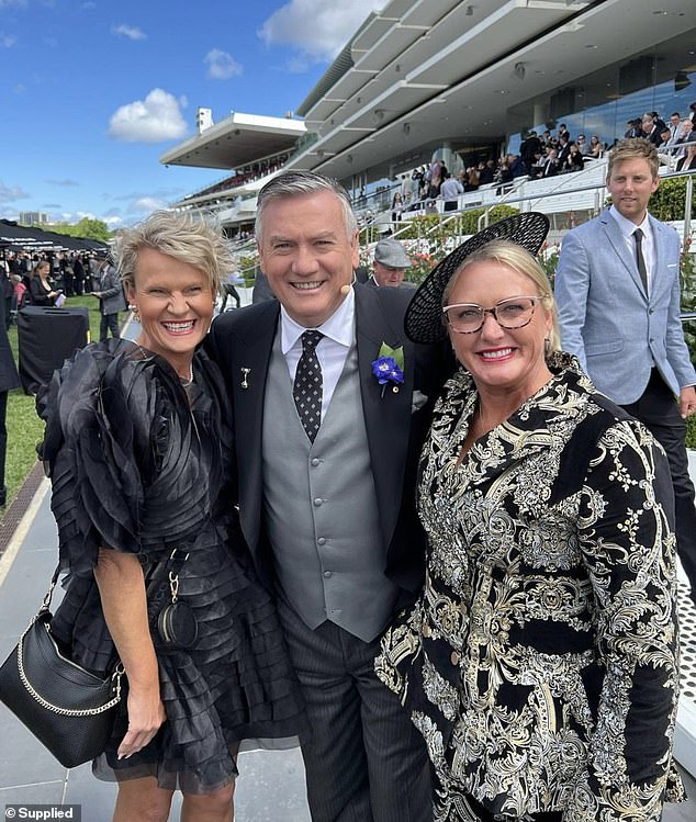 Melbourne mother of five Jo Pastras (pictured left on Derby Day) has borrowed a dress to wear to the Melbourne Cup (centre photo: Eddie McGuire).