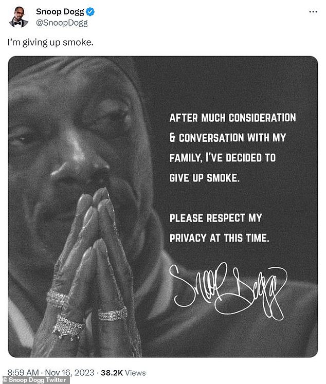 Snoop Dogg says he's quitting smoking - after it was once claimed the cannabis-loving rapper rolled 75-150 joints for him every 24 hours