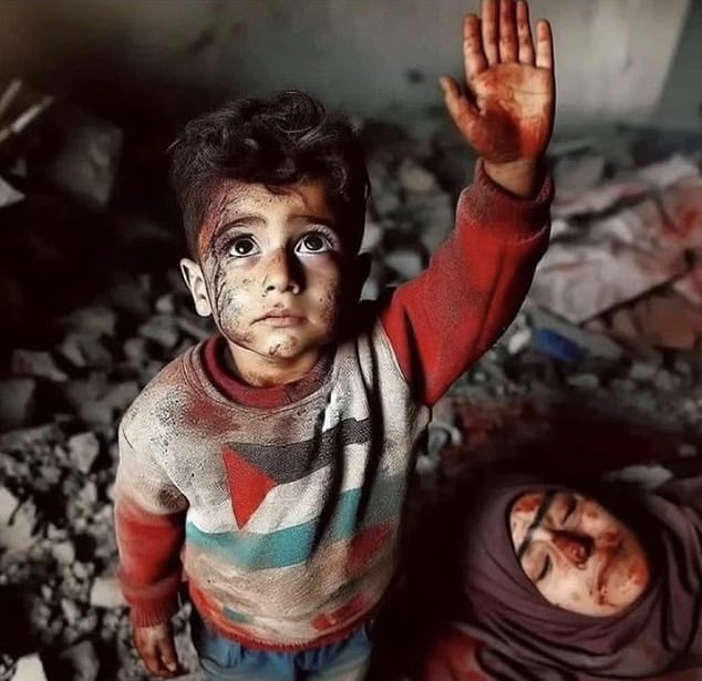 An AI-generated image related to the Israel-Hamas conflict is shared, showing a boy, covered in dust and blood, standing next to his deceased mother