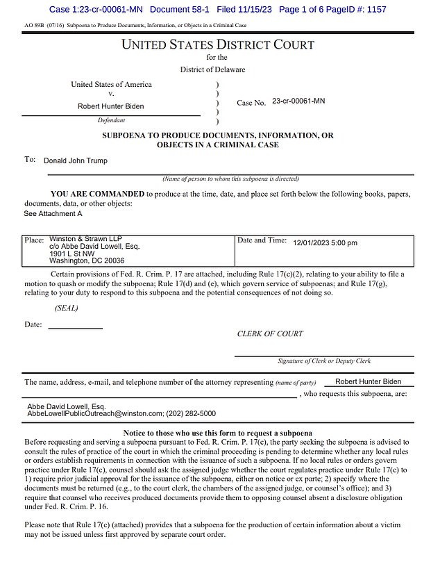 Lawyers have asked a federal court for permission to subpoena documents from former President Donald Trump and senior Justice Department officials as part of Biden's defense