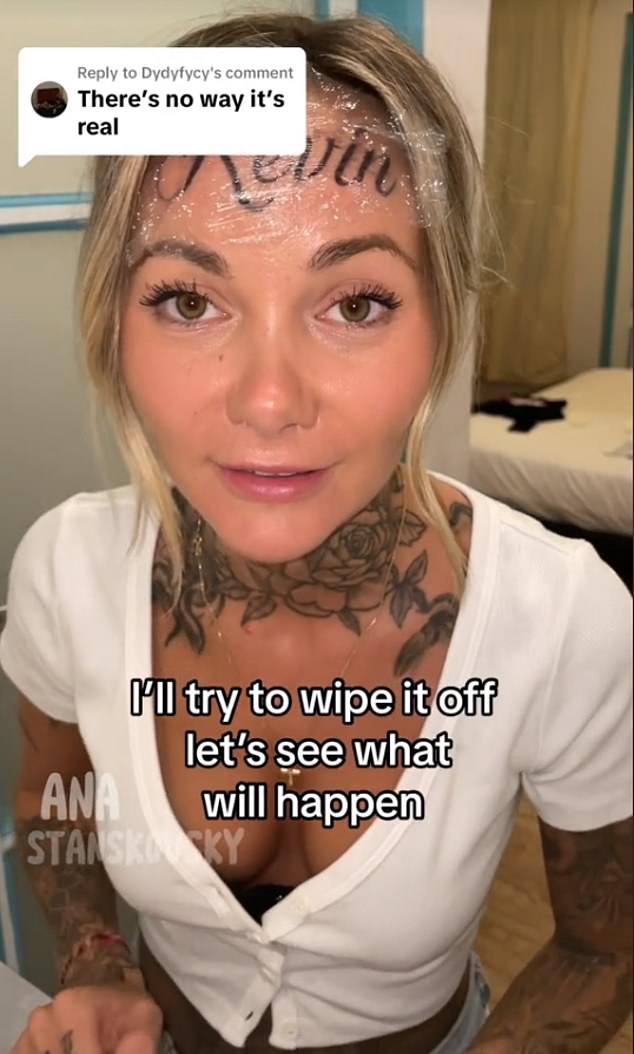 An influencer who got her boyfriend's name 'tattooed' on her forehead has made a follow-up video to 'prove' it's real