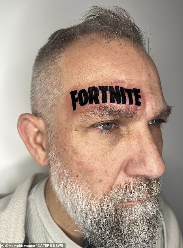 This is the shocking moment a 52-year-old man got a huge video game logo tattooed on his face after losing a bet