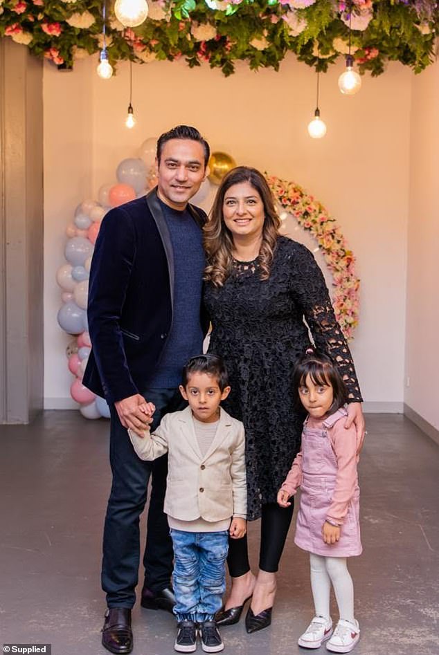 Father-of-two Rashid Khan survived two tragedies that led to the development of safety app Evacovation (pictured with wife Kanwa and twins Hania Khan and Rayyan)