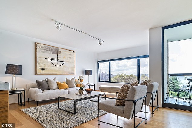 Completed in the 1960s, the block is known for its chic, ultra-modern style and location overlooking some of the city's most sought-after real estate.  In the photo: the living area