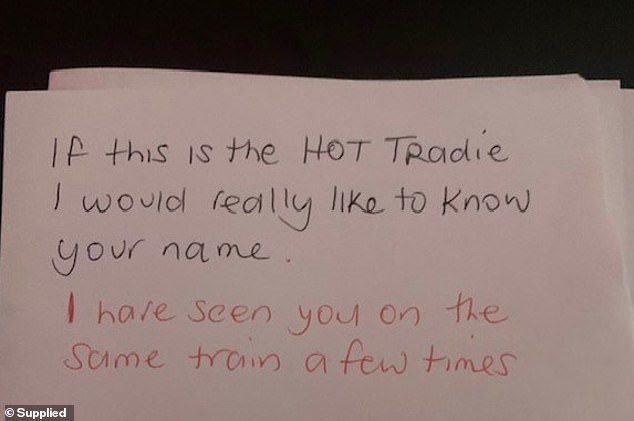 A woman, 50, left this note with her phone number on a young tradie's note after he spotted her on the train.  He responded quickly and they had a steamy three-month affair