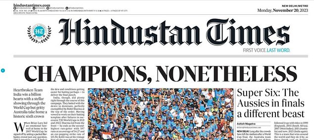 The Hindustan Times has labeled India as 'champions' despite their World Cup final loss to Australia