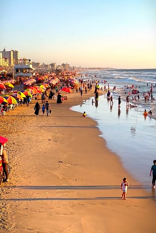 You can see children and adults playing in the sea and relaxing on the beach in Gaza