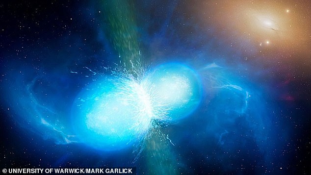 The beginning of the end of the world?  Scientists have warned that a rare type of space explosion known as a kilonova (pictured) could wipe out life on Earth for 'thousands of years'