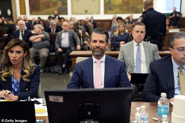 Donald Trump Jr.  sits in a New York courtroom as attorney Alina Habba listens