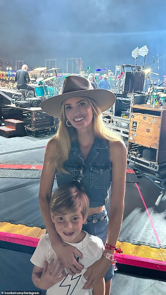 Donald Trump's eldest daughter got dressed and stepped out in the skimpy set - which she paired with some daring accessories to complete her cowgirl-meets-Barbie outfit.  Ivanka is pictured here with her youngest son Theodore, 7, who attended the festival with his parents