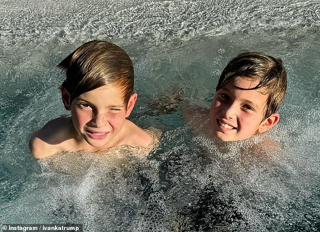 She uploaded a series of photos showing her and her children: Arabella Rose, 12;  Joseph Frederick, 10;  and Theodore James, seven – enjoying a late-night dip at home