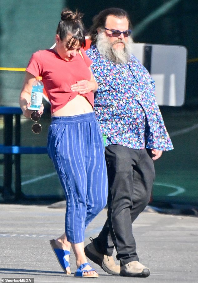 Cute couple: Jack Black, 54, and his wife Tanya Haden, 52, cut two very colorful figures while enjoying the California sun in Los Angeles on Thursday