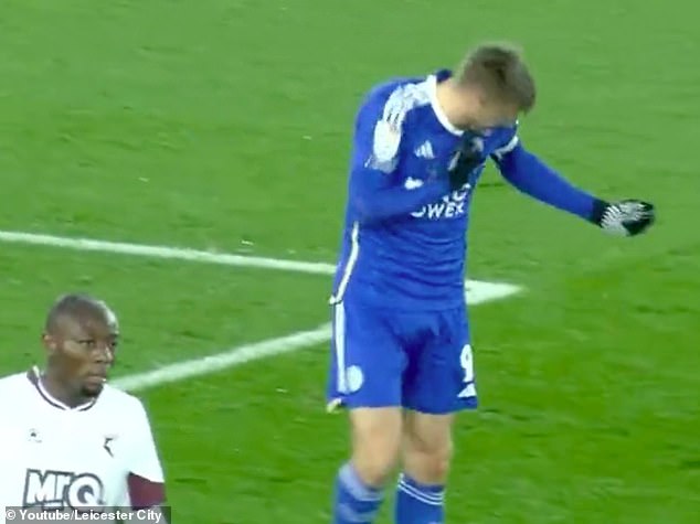 Jamie Vardy reacted to missing a sitter by punching himself in the face during Leicester City's Championship match with Watford on Saturday